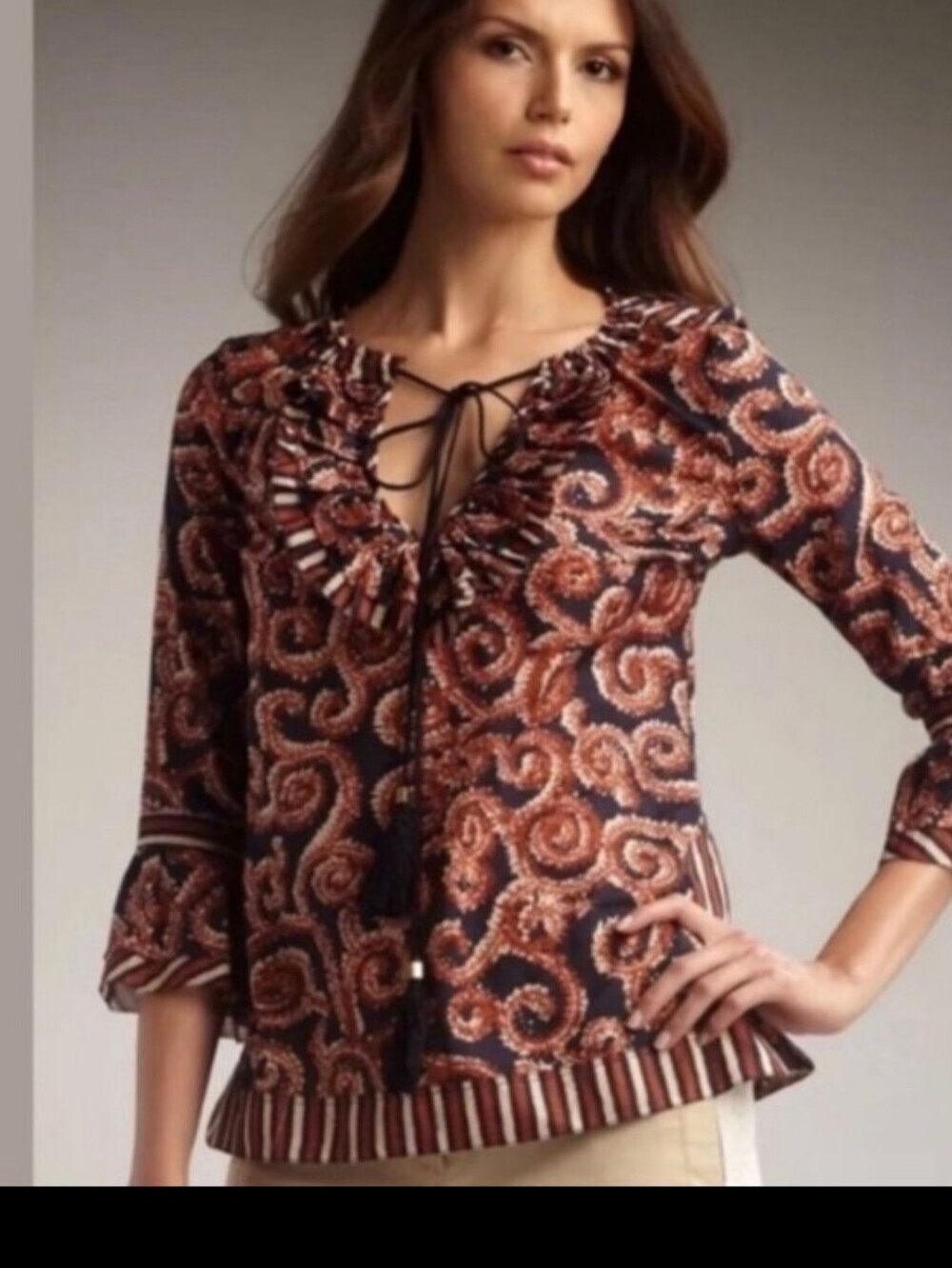 TORY BURCH 100% SILK Rust Paisley Drawstring Tunic with Striped Trim